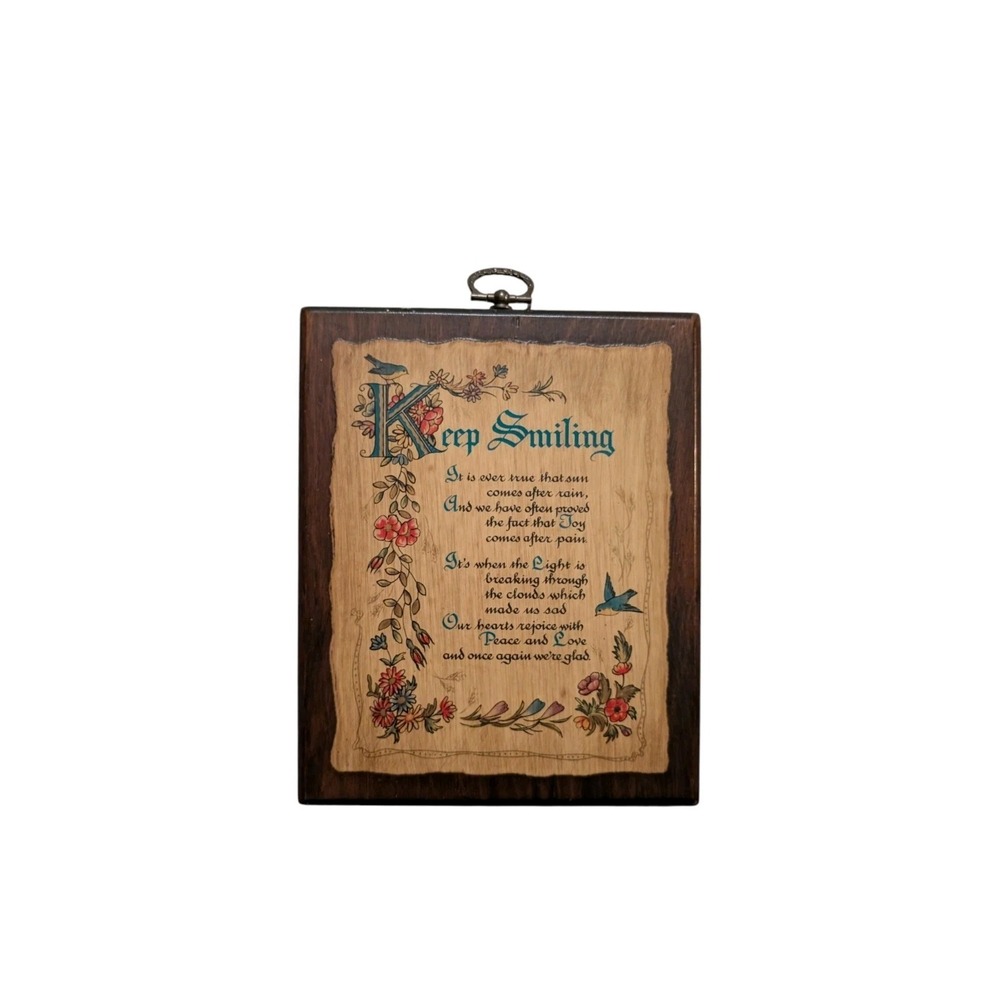 Vintage "Keep Smiling" Wood Wall Plaque Inspirational Quote Floral Bird Hanging